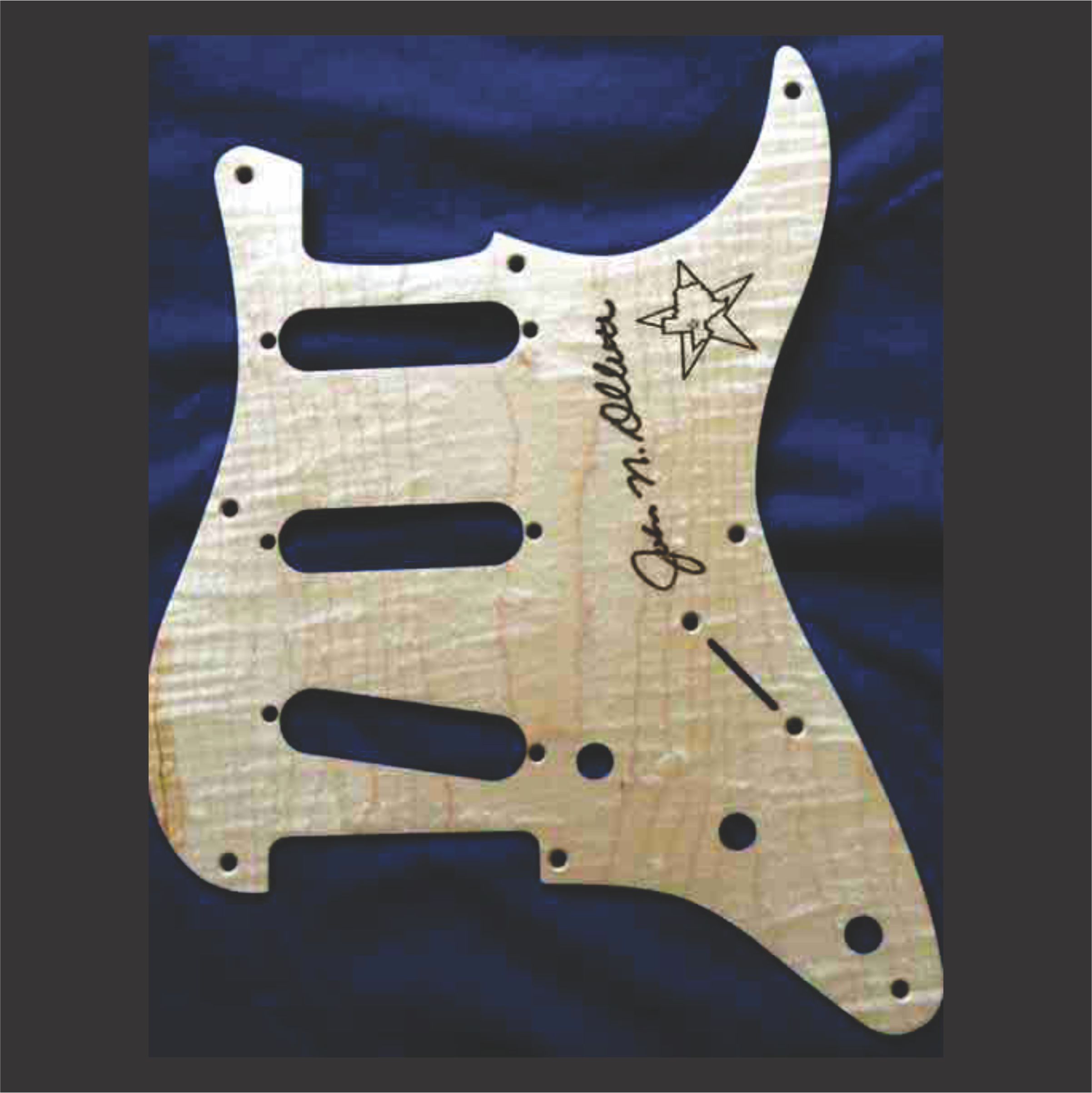 Custom flame maple pickguard with graphic engraving