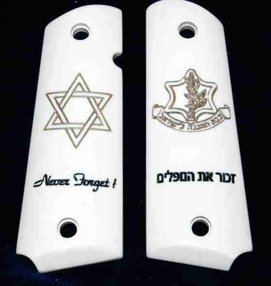 Personalized Imitation Ivory Grips With Gold Filled Graphics And Black Wording