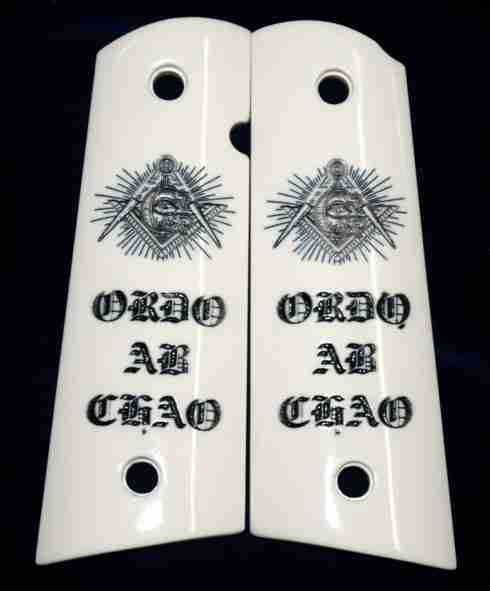 Masonic Eye Custom 1911 Grips In Imitation Ivory With Wording