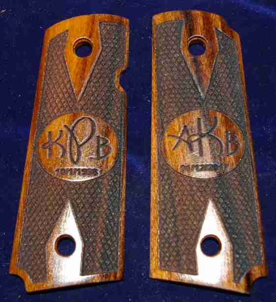 Raised Oval Graphic With Custom Initial Engraving On 1911 Rosewood Grips