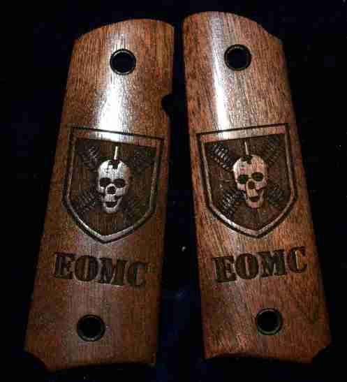 Custom Walnut Grips With Skull Graphic Design And Wording Engraved