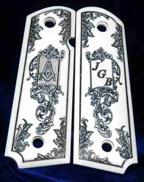 Masonic Graphic And Elaborate Engraving On 1911 Style Imitation Ivory Grips