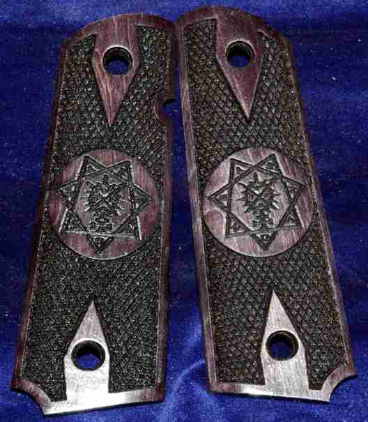 Dark Stained Grips With Center Raised Graphic Engraving And Diamond Checkering