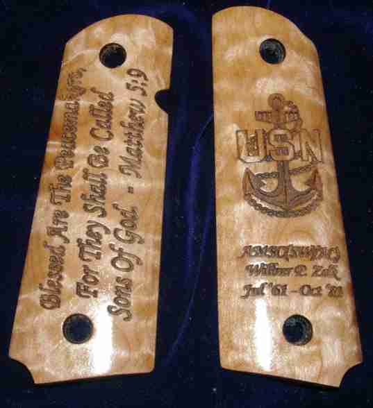 Custom Navy Anchor 1911 Grips With Personalized Wording On Opposing Grip
