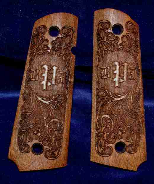 Ornate 1911 Walnut Grips With Raised Initial Engraving